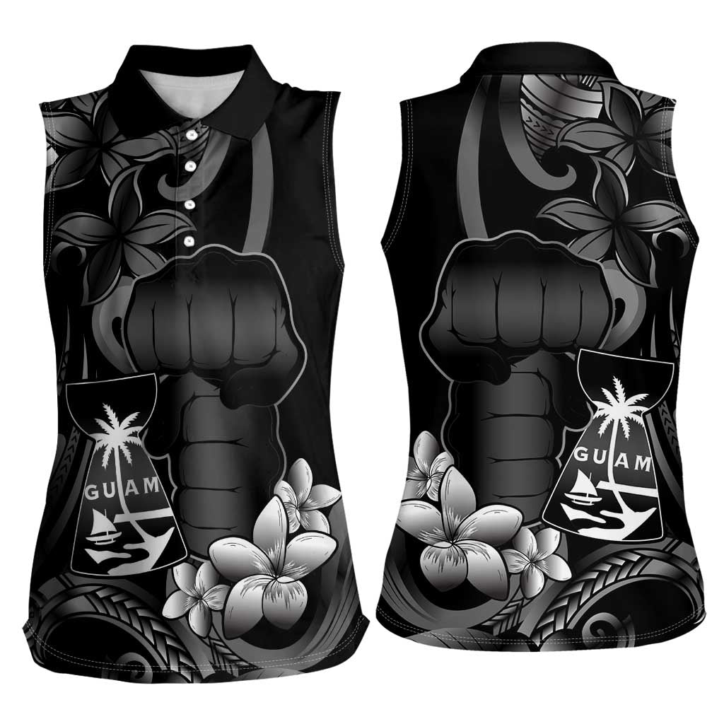 Black Hafa Adai Guam Women Sleeveless Polo Shirt Chamorro Latte Stone Hand With Plumeria LT14 - Polynesian Pride