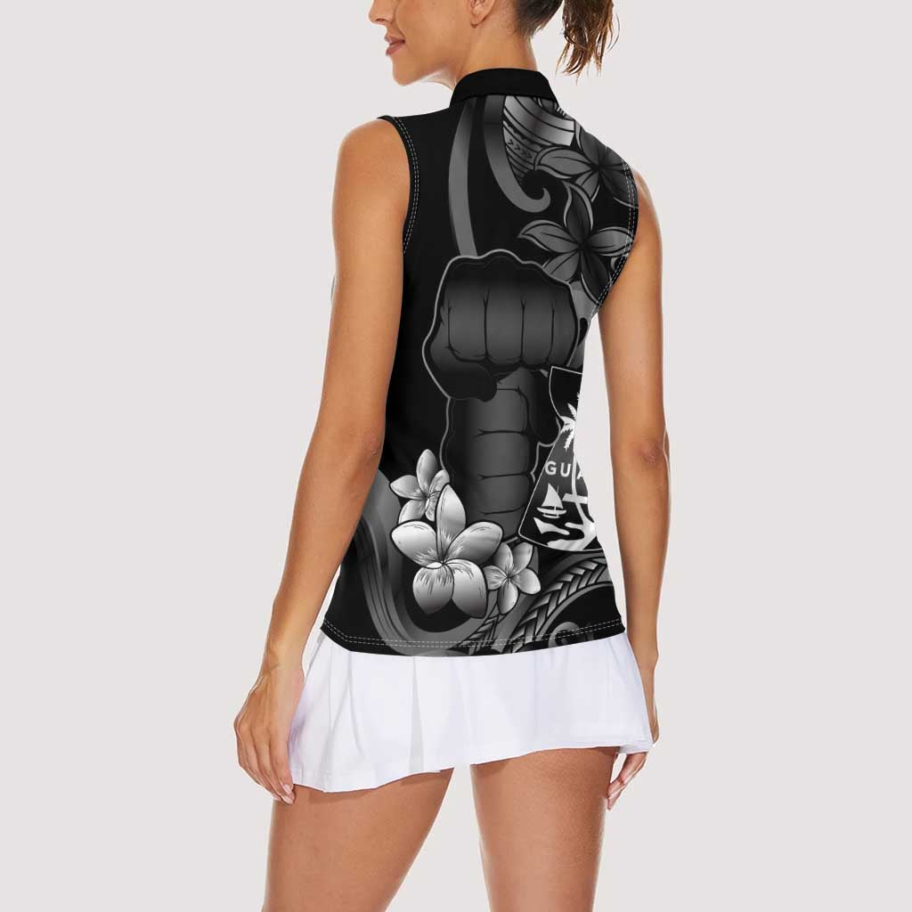 Black Hafa Adai Guam Women Sleeveless Polo Shirt Chamorro Latte Stone Hand With Plumeria LT14 - Polynesian Pride