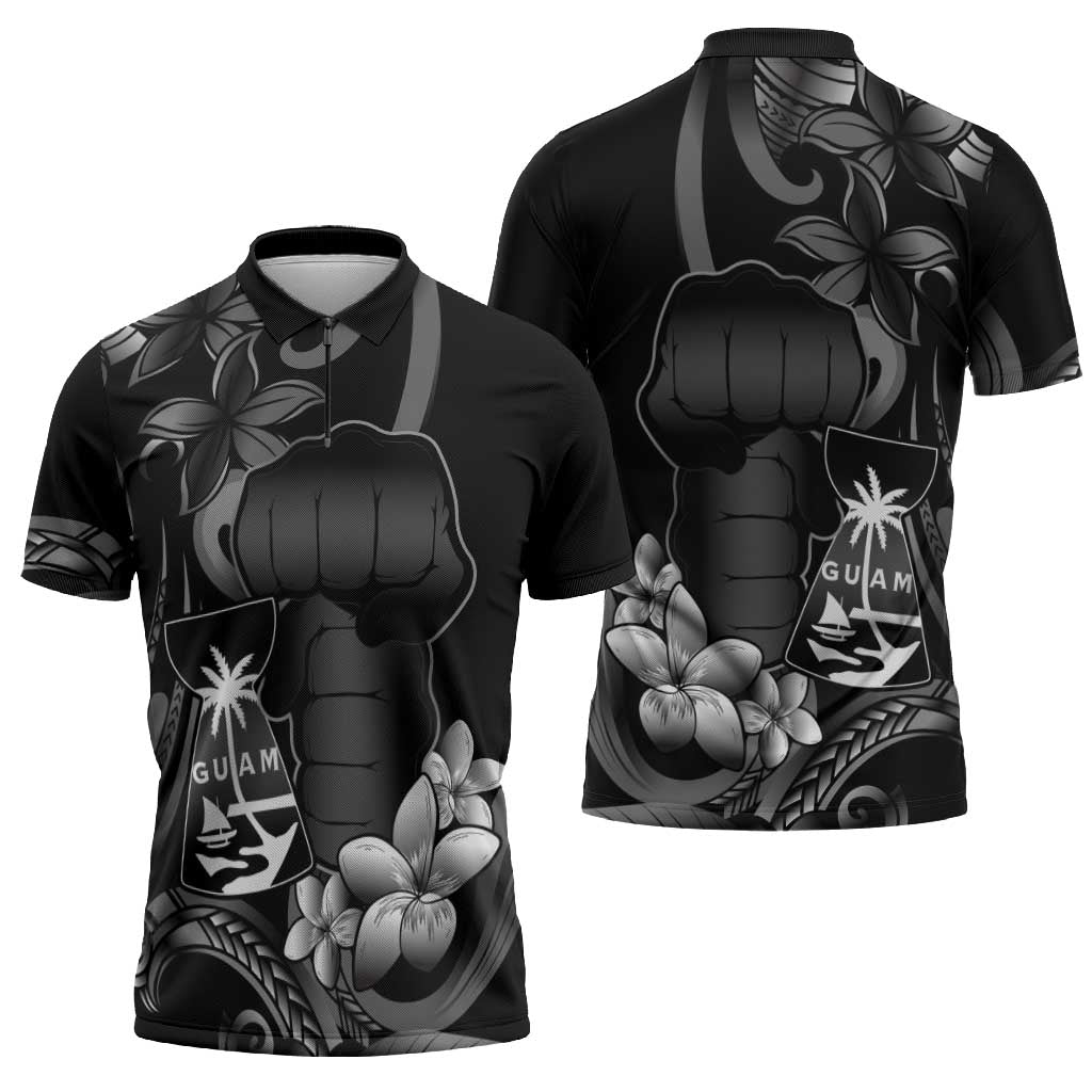 Black Hafa Adai Guam Zipper Polo Shirt Chamorro Latte Stone Hand With Plumeria - Polynesian Pride