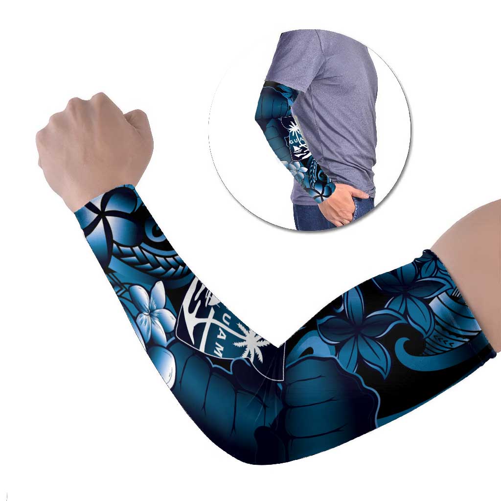 Blue Hafa Adai Guam Arm Sleeves Chamorro Latte Stone Hand With Plumeria - Polynesian Pride