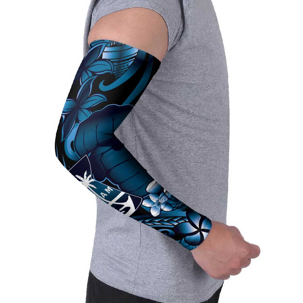 Blue Hafa Adai Guam Arm Sleeves Chamorro Latte Stone Hand With Plumeria - Polynesian Pride