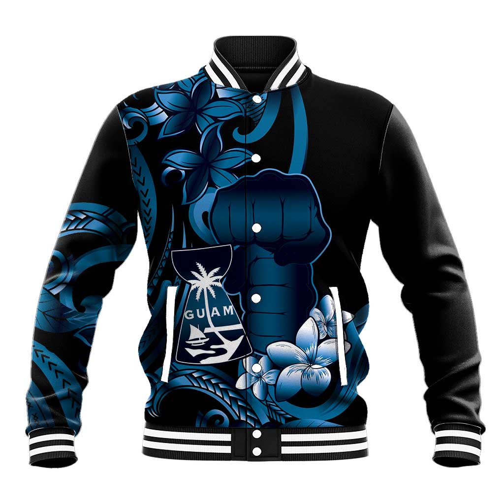 Blue Hafa Adai Guam Baseball Jacket Chamorro Latte Stone Hand With Plumeria LT14 Unisex Blue - Polynesian Pride