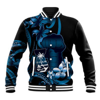 Blue Hafa Adai Guam Baseball Jacket Chamorro Latte Stone Hand With Plumeria LT14 Unisex Blue - Polynesian Pride