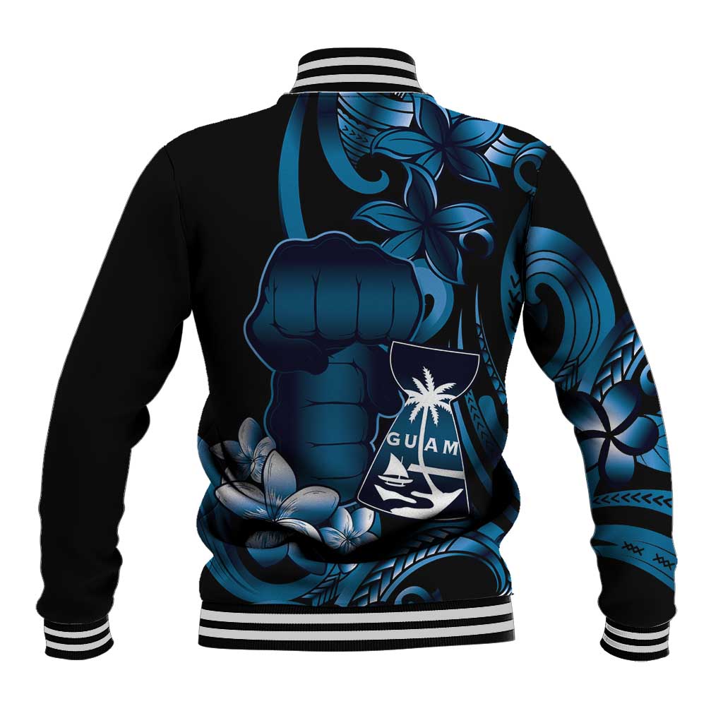 Blue Hafa Adai Guam Baseball Jacket Chamorro Latte Stone Hand With Plumeria LT14 - Polynesian Pride