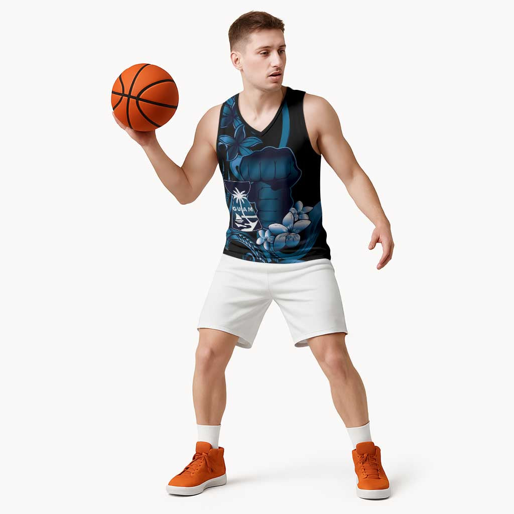Blue Hafa Adai Guam Basketball Jersey Chamorro Latte Stone Hand With Plumeria - Polynesian Pride