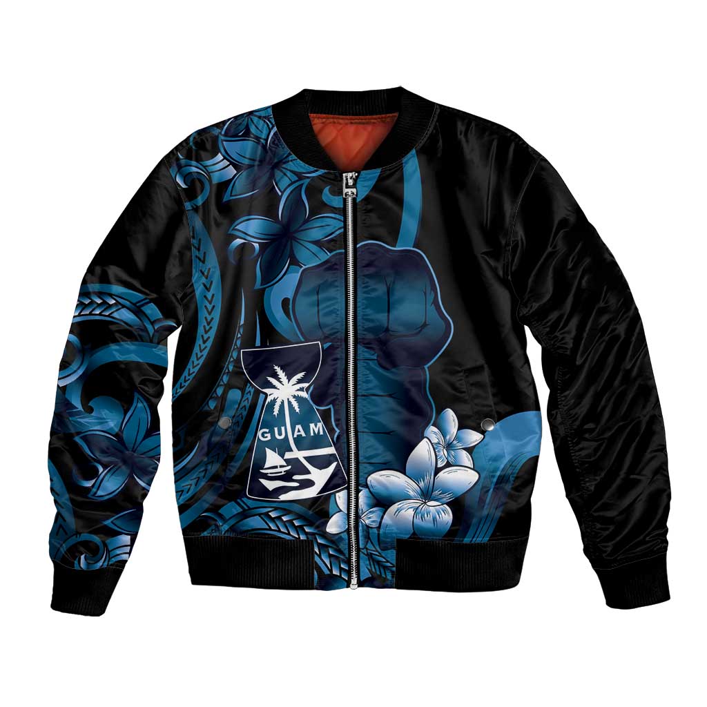 Blue Hafa Adai Guam Bomber Jacket Chamorro Latte Stone Hand With Plumeria LT14 Unisex Blue - Polynesian Pride