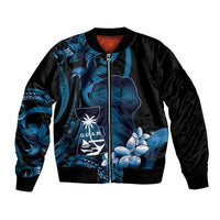 Blue Hafa Adai Guam Bomber Jacket Chamorro Latte Stone Hand With Plumeria LT14 Unisex Blue - Polynesian Pride