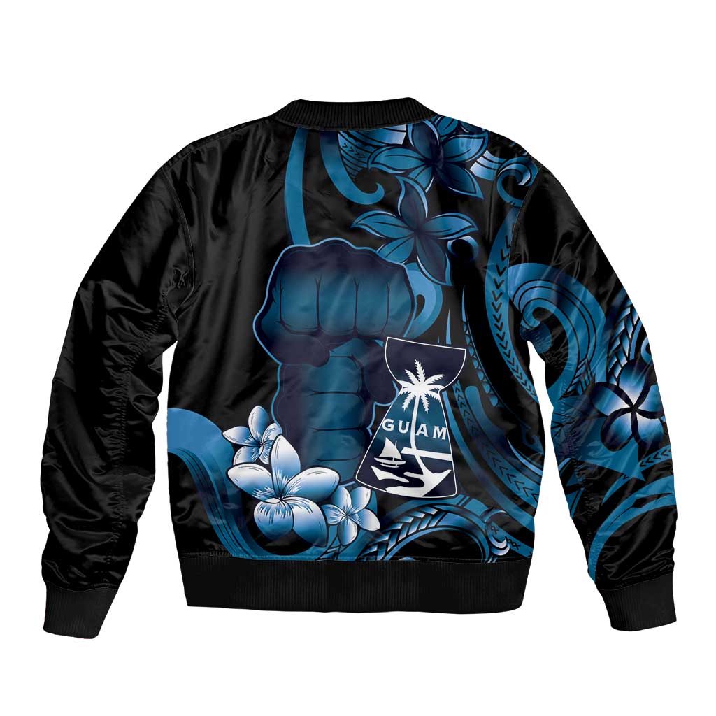 Blue Hafa Adai Guam Bomber Jacket Chamorro Latte Stone Hand With Plumeria LT14 - Polynesian Pride