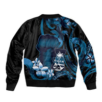 Blue Hafa Adai Guam Bomber Jacket Chamorro Latte Stone Hand With Plumeria LT14 - Polynesian Pride