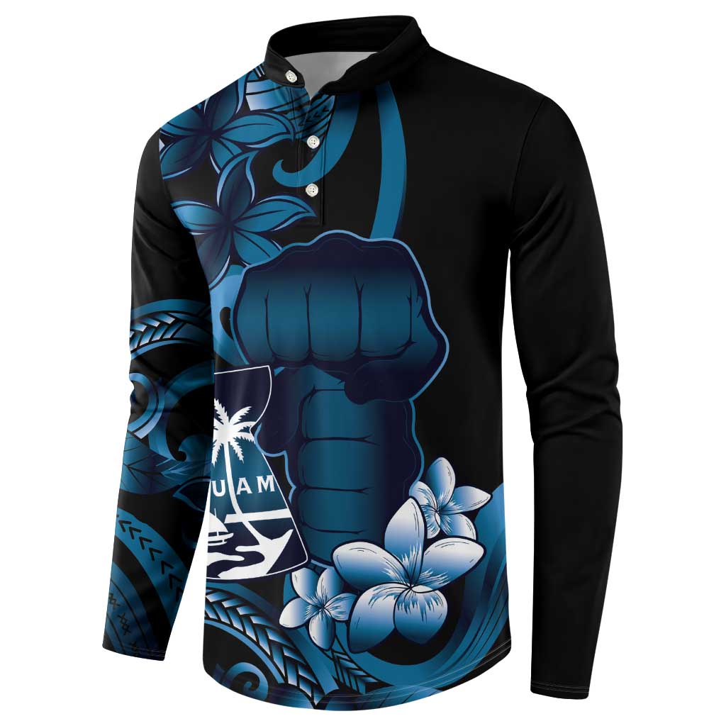 Blue Hafa Adai Guam Button Sweatshirt Chamorro Latte Stone Hand With Plumeria