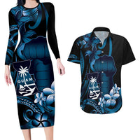 Blue Hafa Adai Guam Couples Matching Long Sleeve Bodycon Dress and Hawaiian Shirt Chamorro Latte Stone Hand With Plumeria LT14 Blue - Polynesian Pride