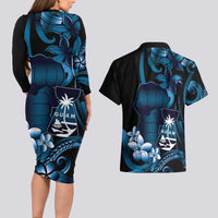 Blue Hafa Adai Guam Couples Matching Long Sleeve Bodycon Dress and Hawaiian Shirt Chamorro Latte Stone Hand With Plumeria LT14 - Polynesian Pride