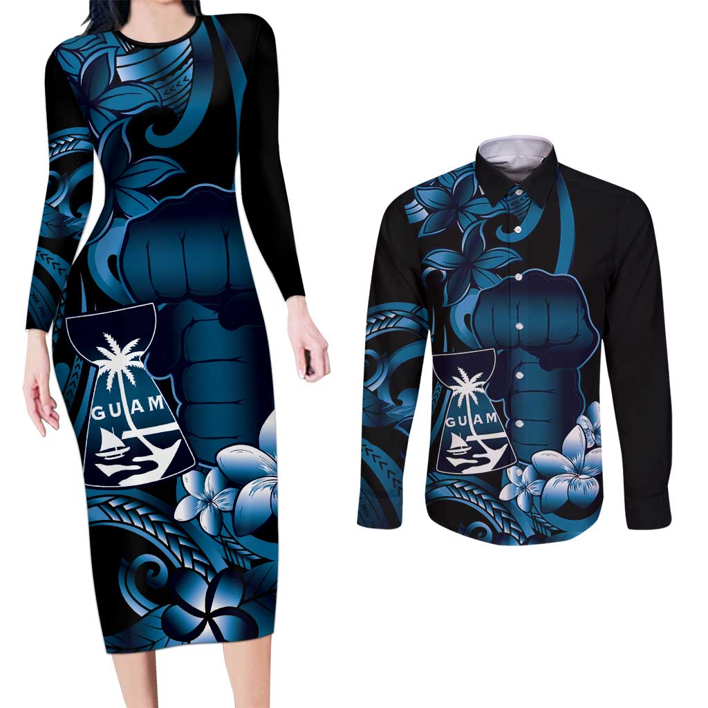 Blue Hafa Adai Guam Couples Matching Long Sleeve Bodycon Dress and Long Sleeve Button Shirt Chamorro Latte Stone Hand With Plumeria LT14 Blue - Polynesian Pride