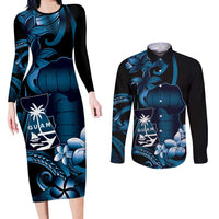 Blue Hafa Adai Guam Couples Matching Long Sleeve Bodycon Dress and Long Sleeve Button Shirt Chamorro Latte Stone Hand With Plumeria LT14 Blue - Polynesian Pride