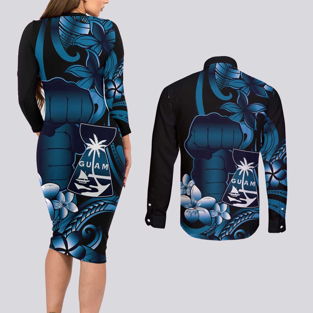 Blue Hafa Adai Guam Couples Matching Long Sleeve Bodycon Dress and Long Sleeve Button Shirt Chamorro Latte Stone Hand With Plumeria LT14 - Polynesian Pride