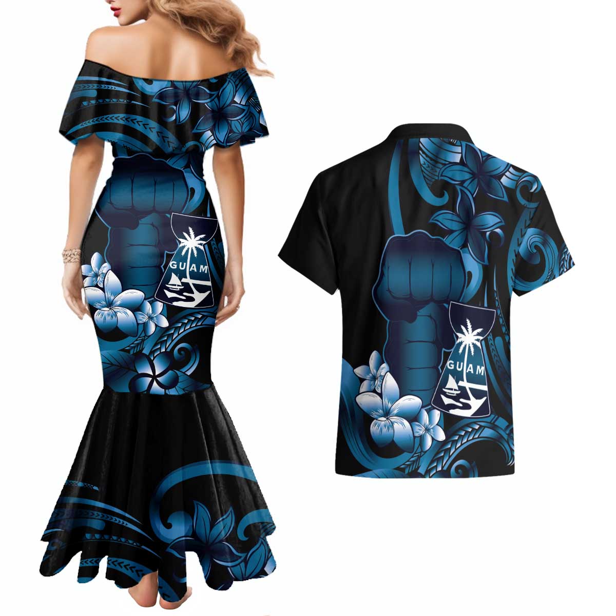 Blue Hafa Adai Guam Couples Matching Mermaid Dress and Hawaiian Shirt Chamorro Latte Stone Hand With Plumeria LT14 - Polynesian Pride