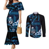 Blue Hafa Adai Guam Couples Matching Mermaid Dress and Long Sleeve Button Shirt Chamorro Latte Stone Hand With Plumeria LT14 Blue - Polynesian Pride