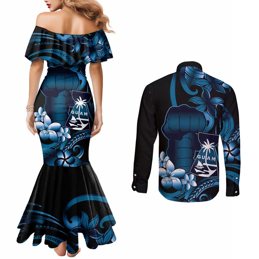 Blue Hafa Adai Guam Couples Matching Mermaid Dress and Long Sleeve Button Shirt Chamorro Latte Stone Hand With Plumeria LT14 - Polynesian Pride