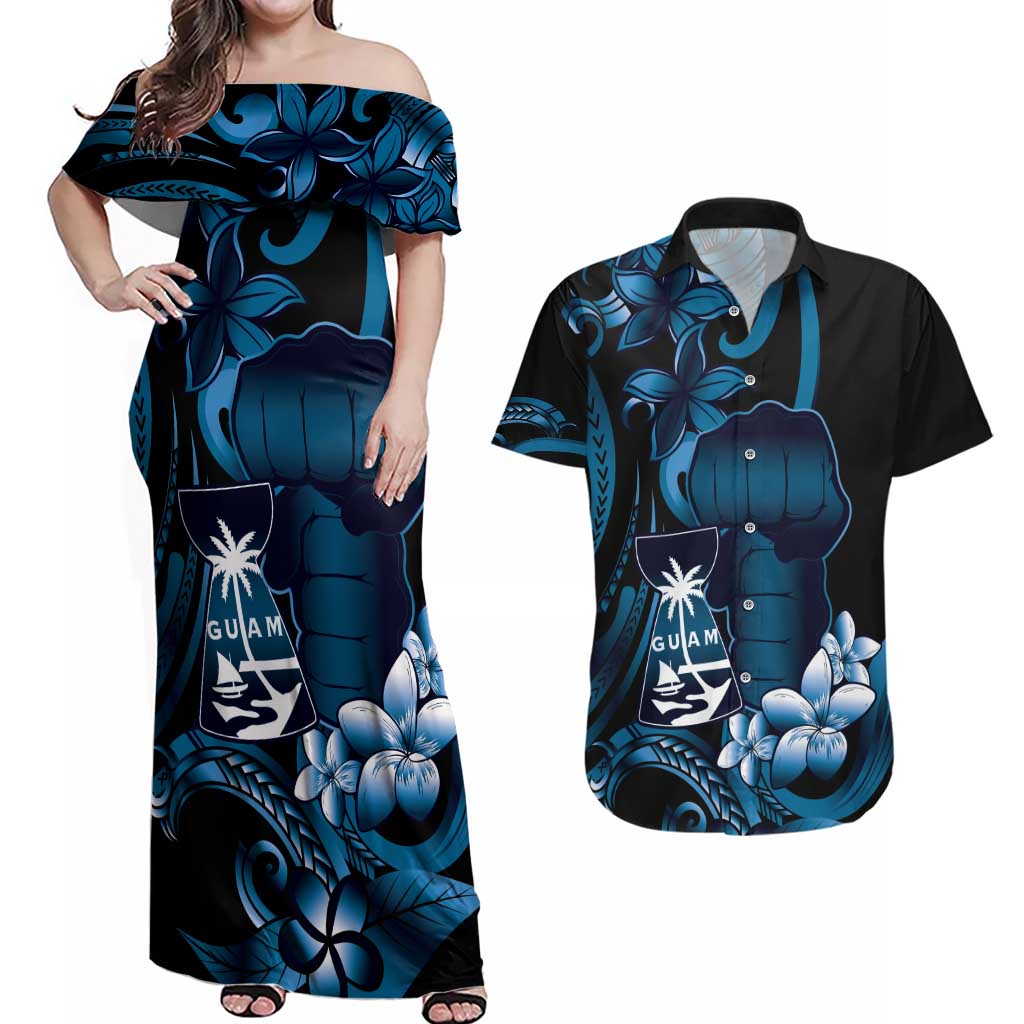 Blue Hafa Adai Guam Couples Matching Off Shoulder Maxi Dress and Hawaiian Shirt Chamorro Latte Stone Hand With Plumeria LT14 Blue - Polynesian Pride