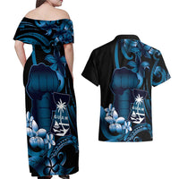 Blue Hafa Adai Guam Couples Matching Off Shoulder Maxi Dress and Hawaiian Shirt Chamorro Latte Stone Hand With Plumeria LT14 - Polynesian Pride