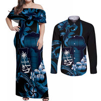 Blue Hafa Adai Guam Couples Matching Off Shoulder Maxi Dress and Long Sleeve Button Shirt Chamorro Latte Stone Hand With Plumeria LT14 Blue - Polynesian Pride