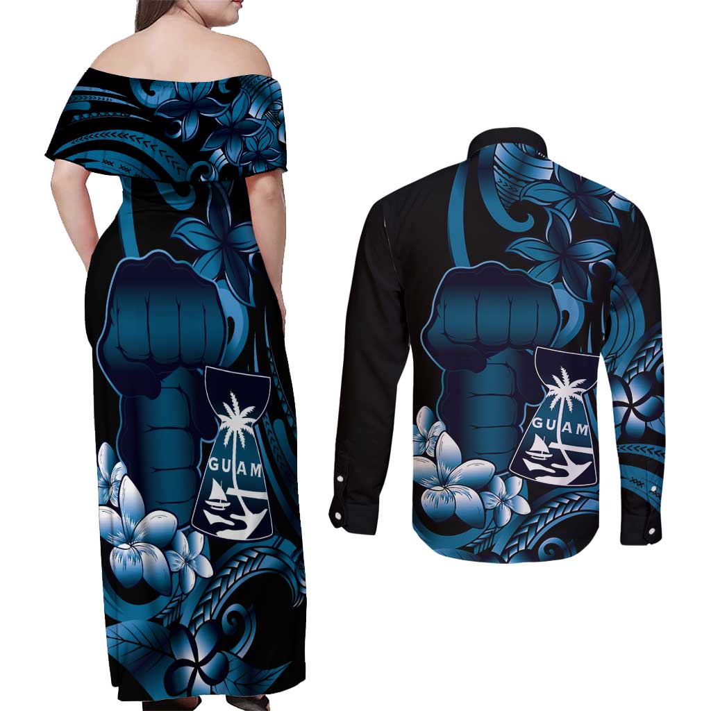 Blue Hafa Adai Guam Couples Matching Off Shoulder Maxi Dress and Long Sleeve Button Shirt Chamorro Latte Stone Hand With Plumeria LT14 - Polynesian Pride