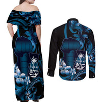Blue Hafa Adai Guam Couples Matching Off Shoulder Maxi Dress and Long Sleeve Button Shirt Chamorro Latte Stone Hand With Plumeria LT14 - Polynesian Pride