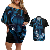 Blue Hafa Adai Guam Couples Matching Off Shoulder Short Dress and Hawaiian Shirt Chamorro Latte Stone Hand With Plumeria LT14 Blue - Polynesian Pride