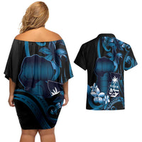 Blue Hafa Adai Guam Couples Matching Off Shoulder Short Dress and Hawaiian Shirt Chamorro Latte Stone Hand With Plumeria LT14 - Polynesian Pride