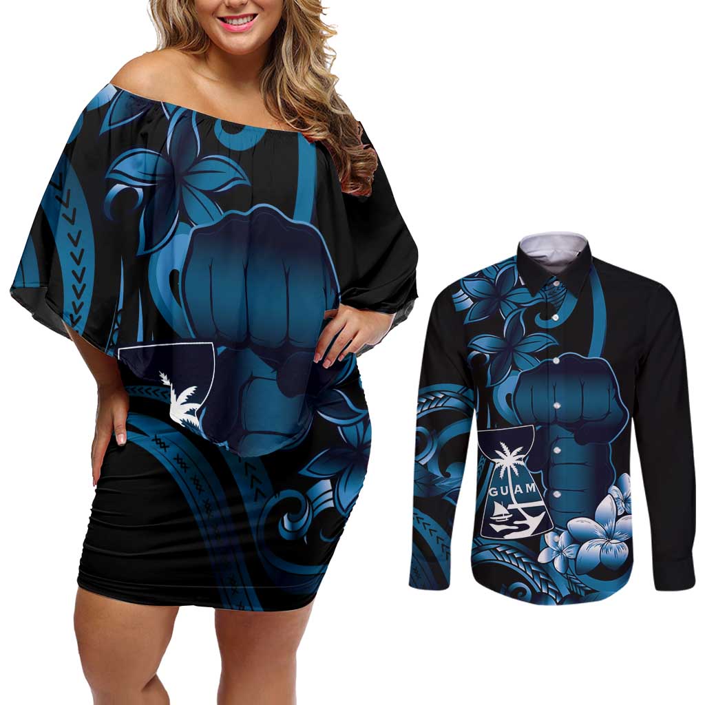 Blue Hafa Adai Guam Couples Matching Off Shoulder Short Dress and Long Sleeve Button Shirt Chamorro Latte Stone Hand With Plumeria LT14 Blue - Polynesian Pride