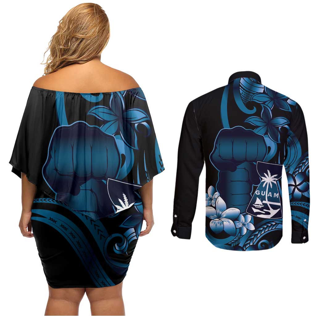 Blue Hafa Adai Guam Couples Matching Off Shoulder Short Dress and Long Sleeve Button Shirt Chamorro Latte Stone Hand With Plumeria LT14 - Polynesian Pride