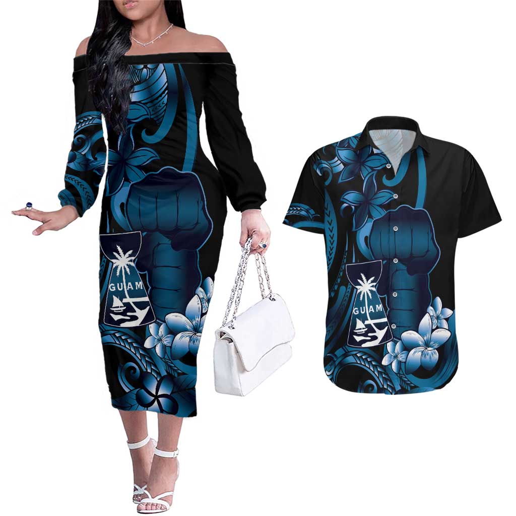 Blue Hafa Adai Guam Couples Matching Off The Shoulder Long Sleeve Dress and Hawaiian Shirt Chamorro Latte Stone Hand With Plumeria LT14 Blue - Polynesian Pride