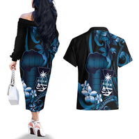 Blue Hafa Adai Guam Couples Matching Off The Shoulder Long Sleeve Dress and Hawaiian Shirt Chamorro Latte Stone Hand With Plumeria LT14 - Polynesian Pride