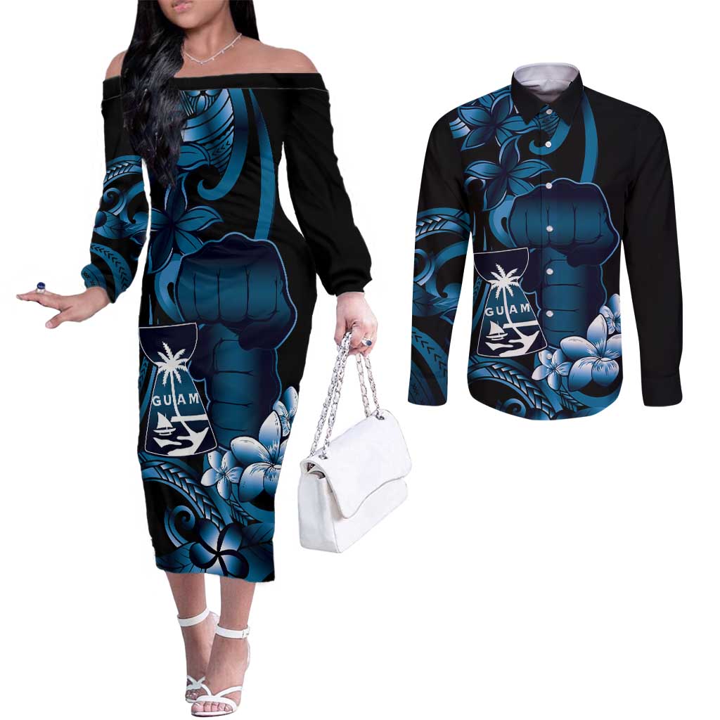 Blue Hafa Adai Guam Couples Matching Off The Shoulder Long Sleeve Dress and Long Sleeve Button Shirt Chamorro Latte Stone Hand With Plumeria LT14 Blue - Polynesian Pride