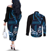 Blue Hafa Adai Guam Couples Matching Off The Shoulder Long Sleeve Dress and Long Sleeve Button Shirt Chamorro Latte Stone Hand With Plumeria LT14 - Polynesian Pride