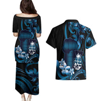 Blue Hafa Adai Guam Couples Matching Puletasi and Hawaiian Shirt Chamorro Latte Stone Hand With Plumeria LT14 - Polynesian Pride