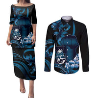Blue Hafa Adai Guam Couples Matching Puletasi and Long Sleeve Button Shirt Chamorro Latte Stone Hand With Plumeria