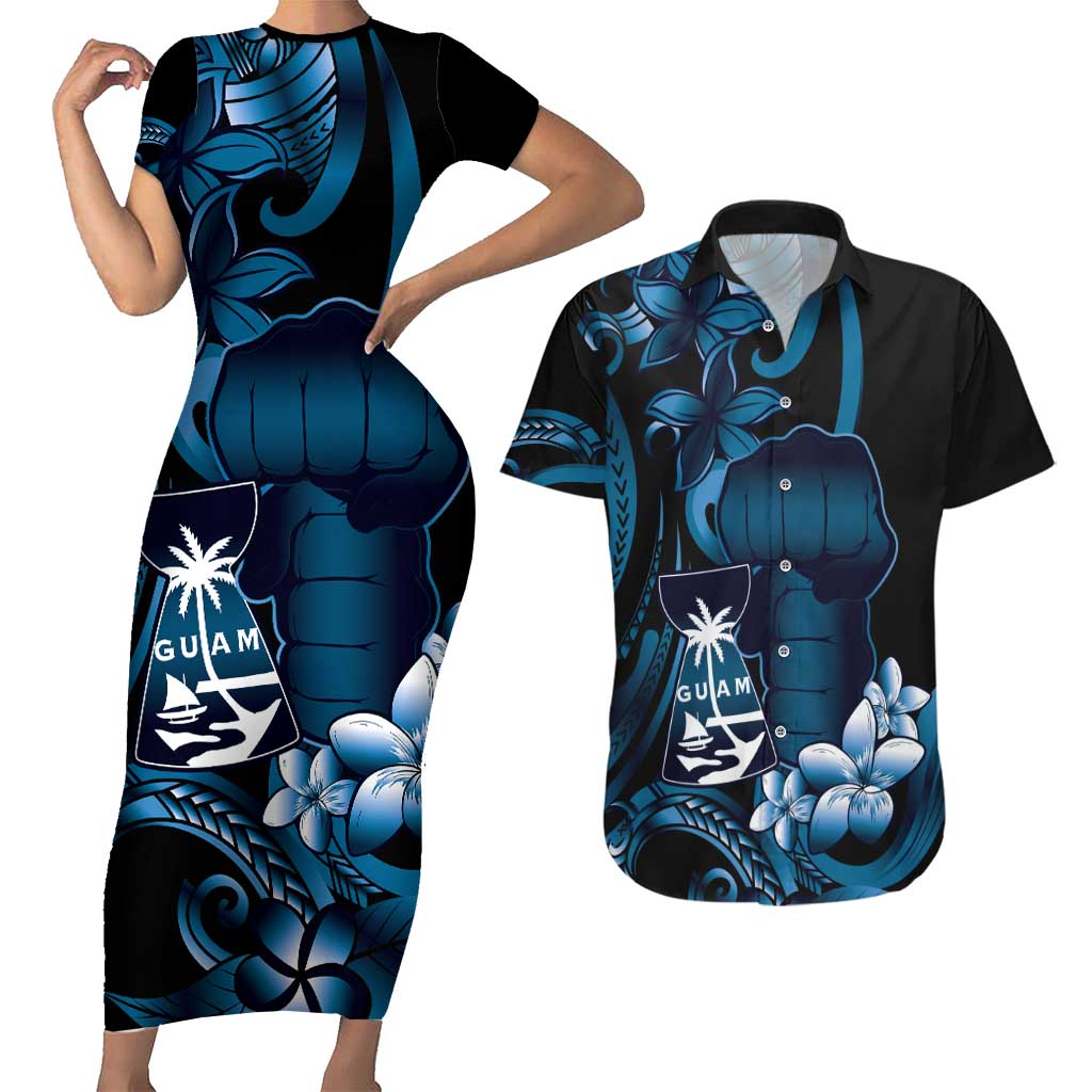 Blue Hafa Adai Guam Couples Matching Short Sleeve Bodycon Dress and Hawaiian Shirt Chamorro Latte Stone Hand With Plumeria LT14 Blue - Polynesian Pride