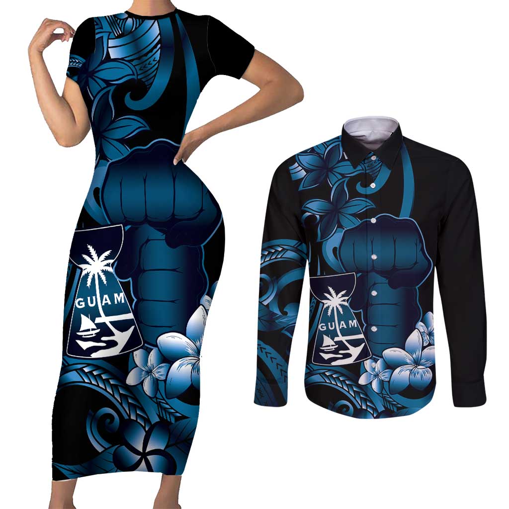 Blue Hafa Adai Guam Couples Matching Short Sleeve Bodycon Dress and Long Sleeve Button Shirt Chamorro Latte Stone Hand With Plumeria LT14 Blue - Polynesian Pride