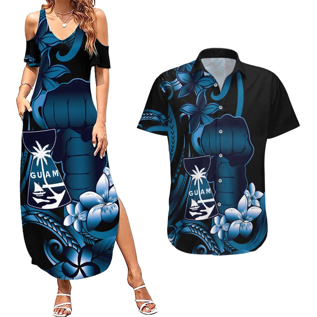 Blue Hafa Adai Guam Couples Matching Summer Maxi Dress and Hawaiian Shirt Chamorro Latte Stone Hand With Plumeria LT14 Blue - Polynesian Pride