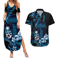 Blue Hafa Adai Guam Couples Matching Summer Maxi Dress and Hawaiian Shirt Chamorro Latte Stone Hand With Plumeria LT14 Blue - Polynesian Pride