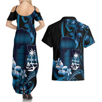 Blue Hafa Adai Guam Couples Matching Summer Maxi Dress and Hawaiian Shirt Chamorro Latte Stone Hand With Plumeria LT14 - Polynesian Pride