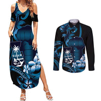 Blue Hafa Adai Guam Couples Matching Summer Maxi Dress and Long Sleeve Button Shirt Chamorro Latte Stone Hand With Plumeria LT14 Blue - Polynesian Pride