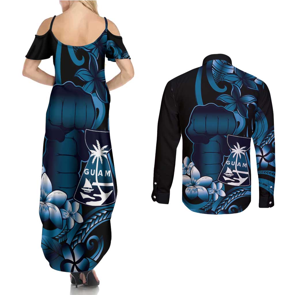 Blue Hafa Adai Guam Couples Matching Summer Maxi Dress and Long Sleeve Button Shirt Chamorro Latte Stone Hand With Plumeria LT14 - Polynesian Pride