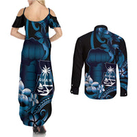 Blue Hafa Adai Guam Couples Matching Summer Maxi Dress and Long Sleeve Button Shirt Chamorro Latte Stone Hand With Plumeria LT14 - Polynesian Pride