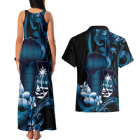 Blue Hafa Adai Guam Couples Matching Tank Maxi Dress and Hawaiian Shirt Chamorro Latte Stone Hand With Plumeria LT14 - Polynesian Pride