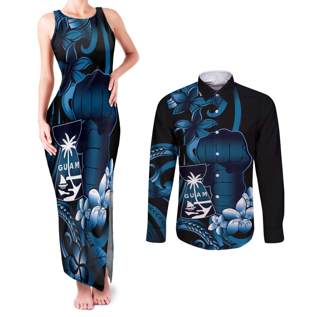 Blue Hafa Adai Guam Couples Matching Tank Maxi Dress and Long Sleeve Button Shirt Chamorro Latte Stone Hand With Plumeria LT14 Blue - Polynesian Pride