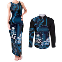 Blue Hafa Adai Guam Couples Matching Tank Maxi Dress and Long Sleeve Button Shirt Chamorro Latte Stone Hand With Plumeria LT14 Blue - Polynesian Pride