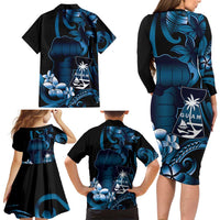 Blue Hafa Adai Guam Family Matching Long Sleeve Bodycon Dress and Hawaiian Shirt Chamorro Latte Stone Hand With Plumeria LT14 - Polynesian Pride
