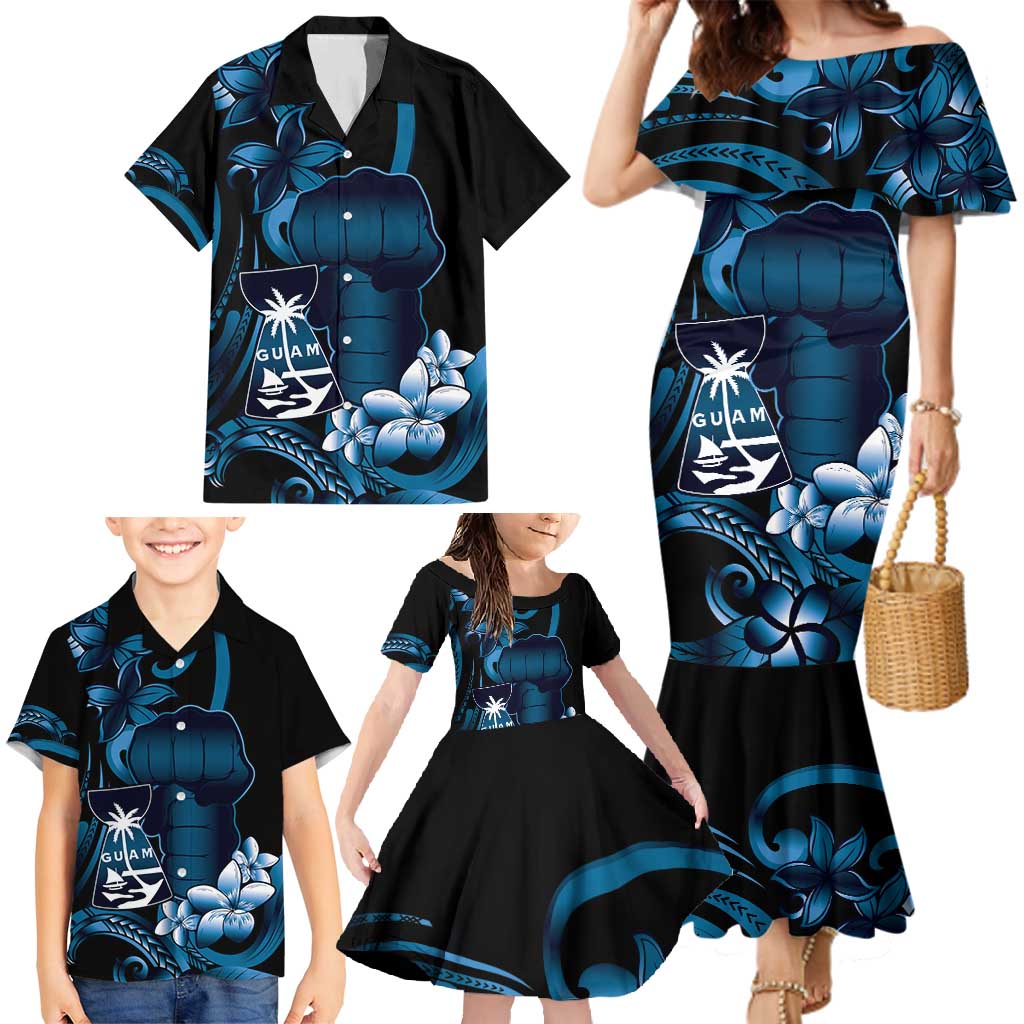 Blue Hafa Adai Guam Family Matching Mermaid Dress and Hawaiian Shirt Chamorro Latte Stone Hand With Plumeria